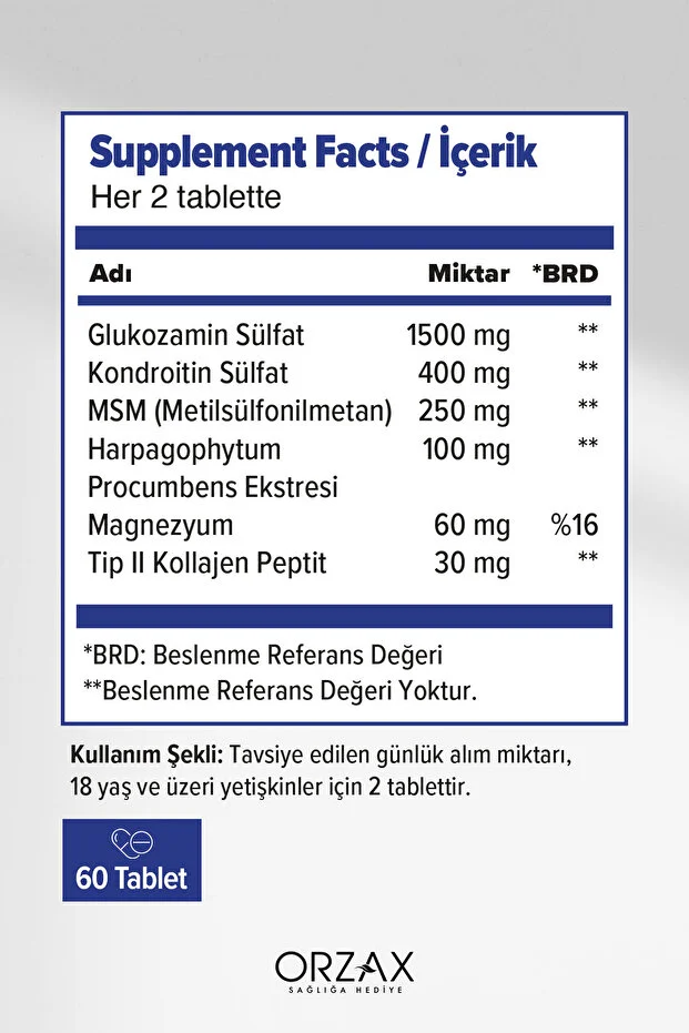 Glukozamin Kompleks (Glukozamin, Kondritin, Tip 2 Kolajen, Magnezyum, MSM, Şeytan Pençesi) 60 Tablet
